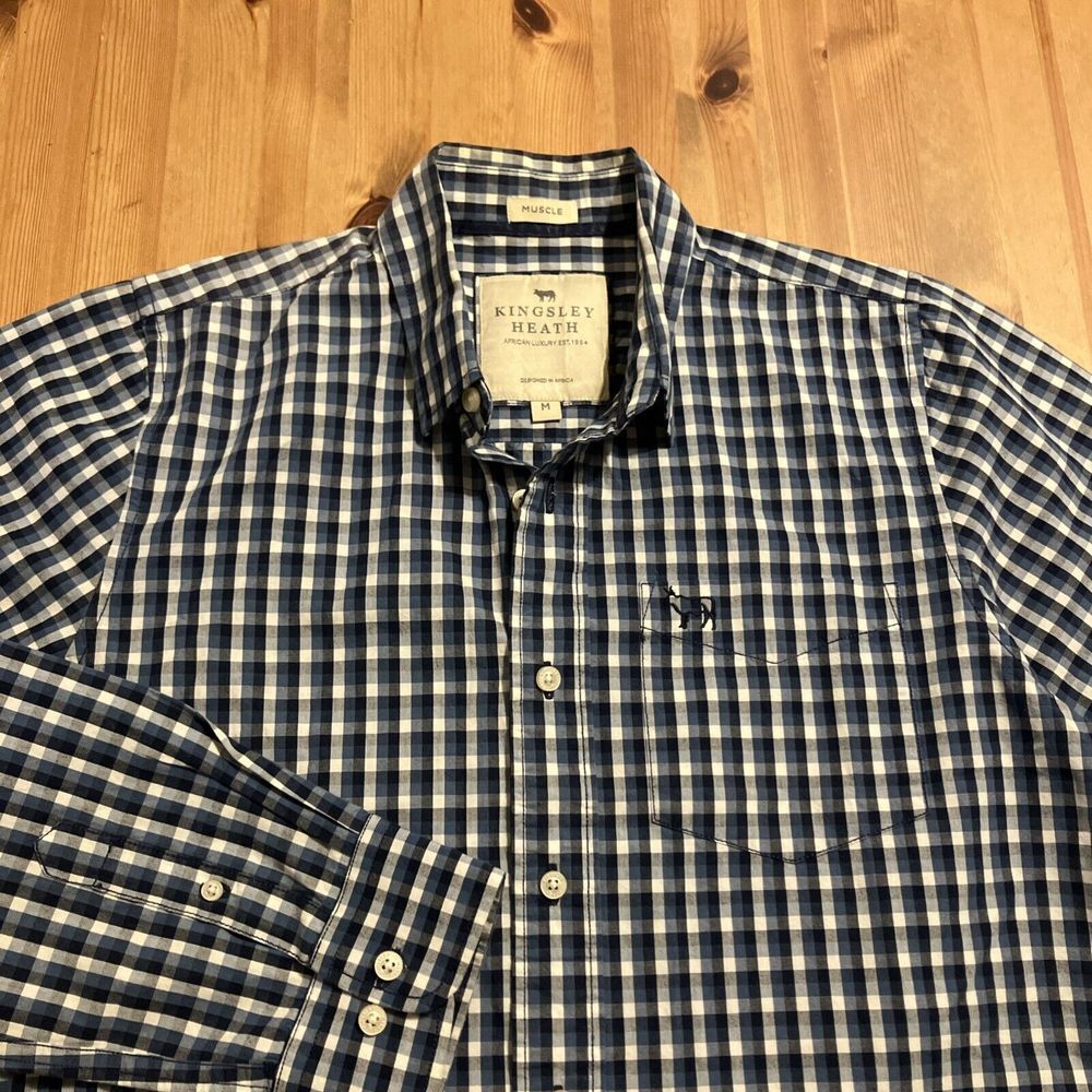 Kingsley Heath Mens Muscle Fit Gingham Button Down Shirt Blue White‎ Size M